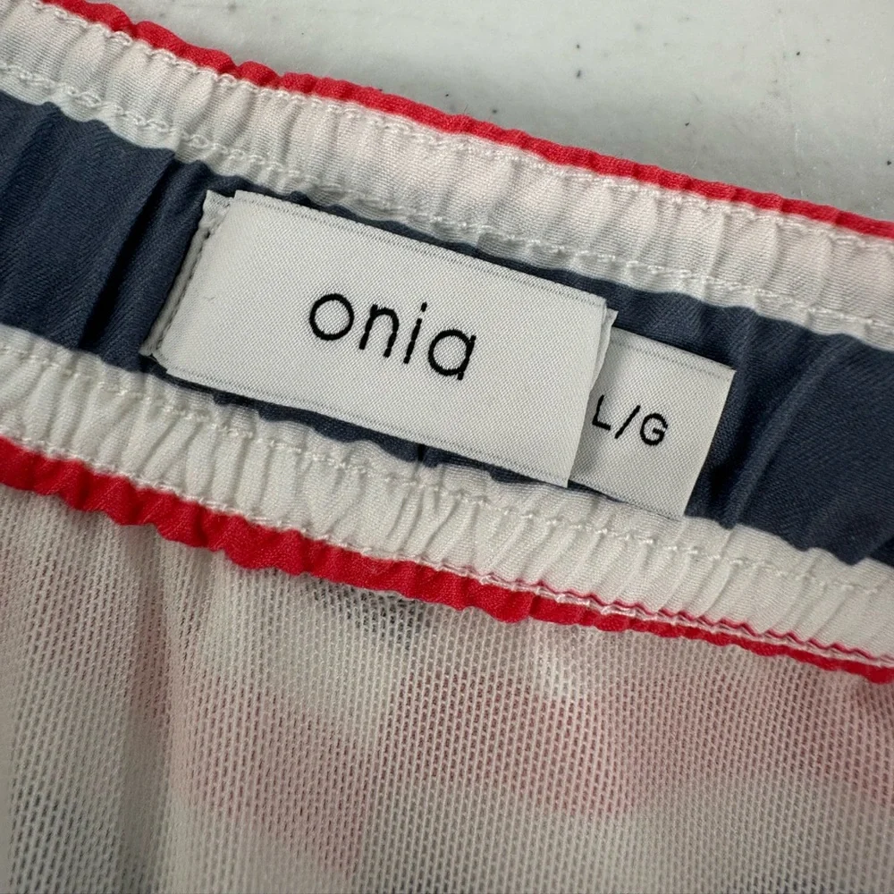 Onia Calder Stripe Swim Trunks Red White Blue Lined Drawstring Americana Lg